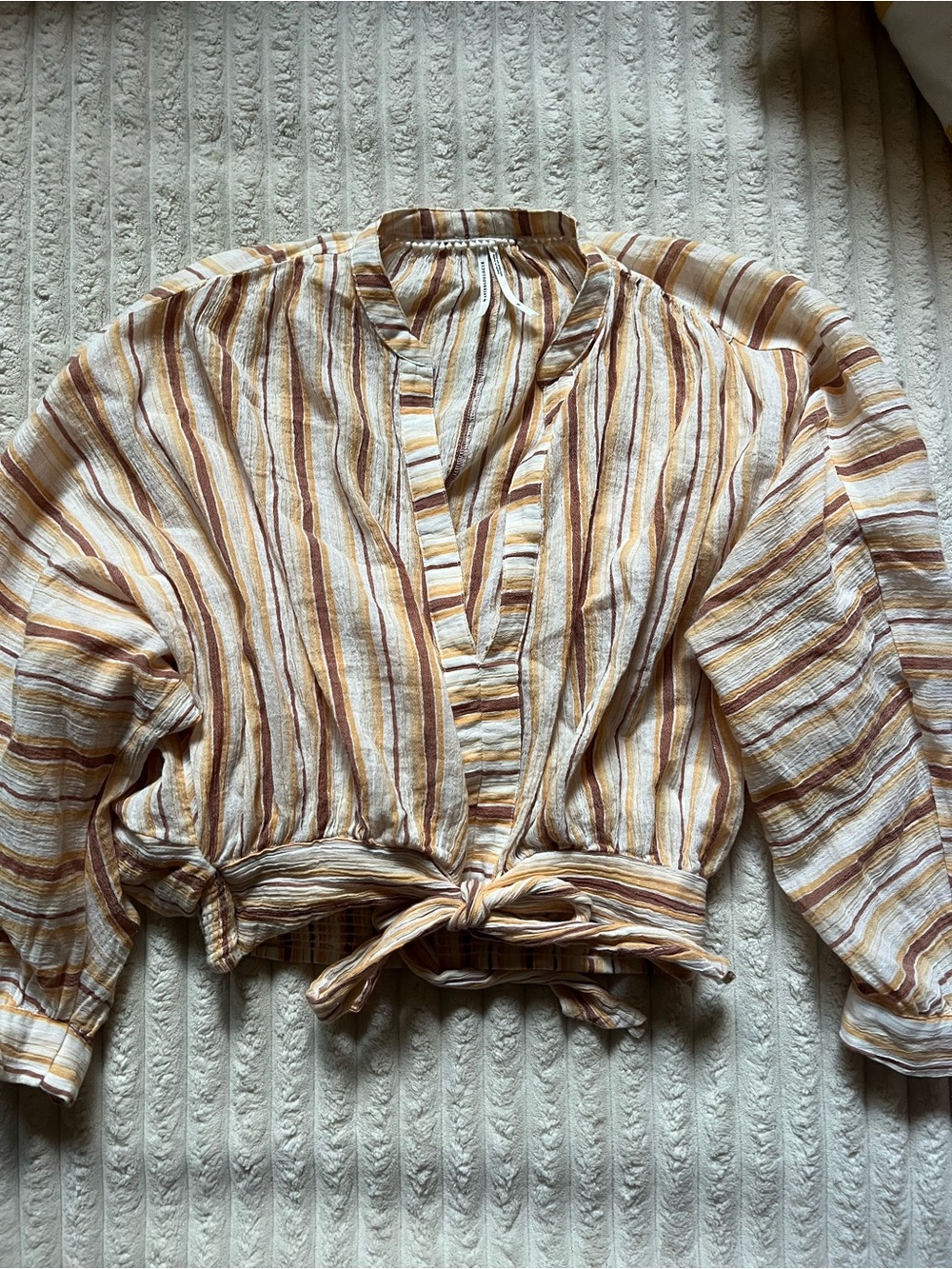 Anthropologie Stripe Tie-Front Blouse in Cream, Tan, and Brown